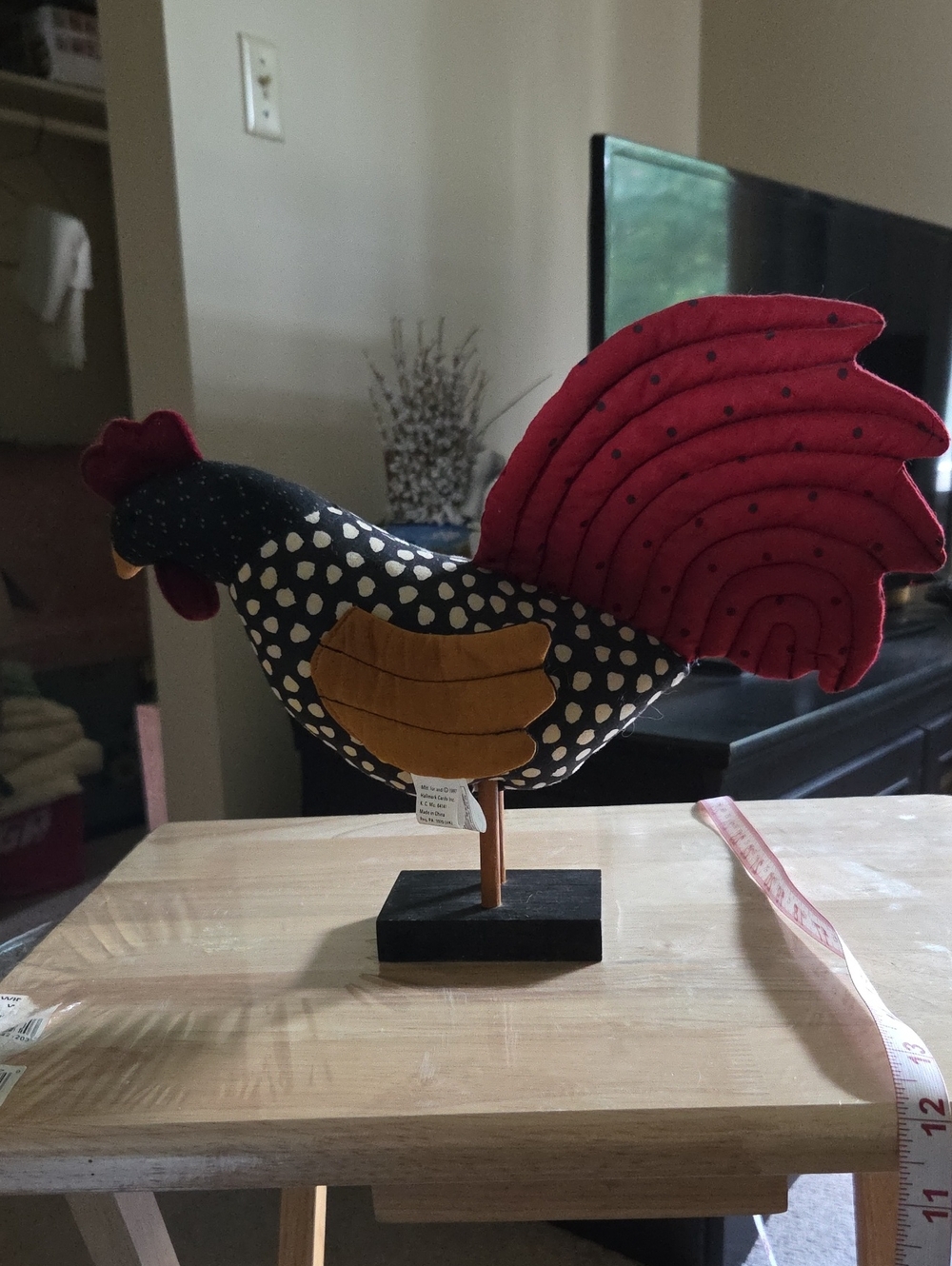 Source Unknown Black and Red Fabric Rooster Figurine with Mustard Wings